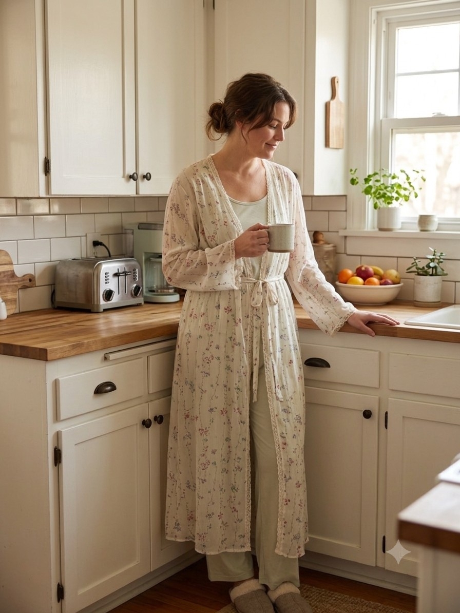 Carole Hochman Sheer Ivory Floral Lace Trim Wrap Robe Peignoir Size Large